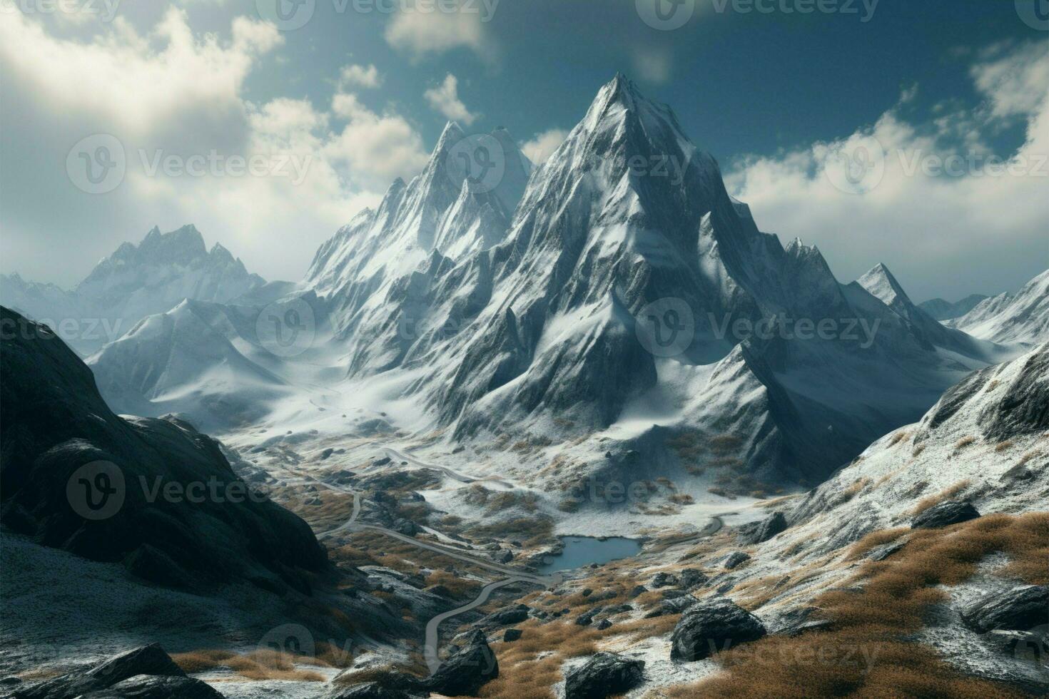 Snow capped peak, natures panoramic beauty, towering high in serene splendor AI Generated photo