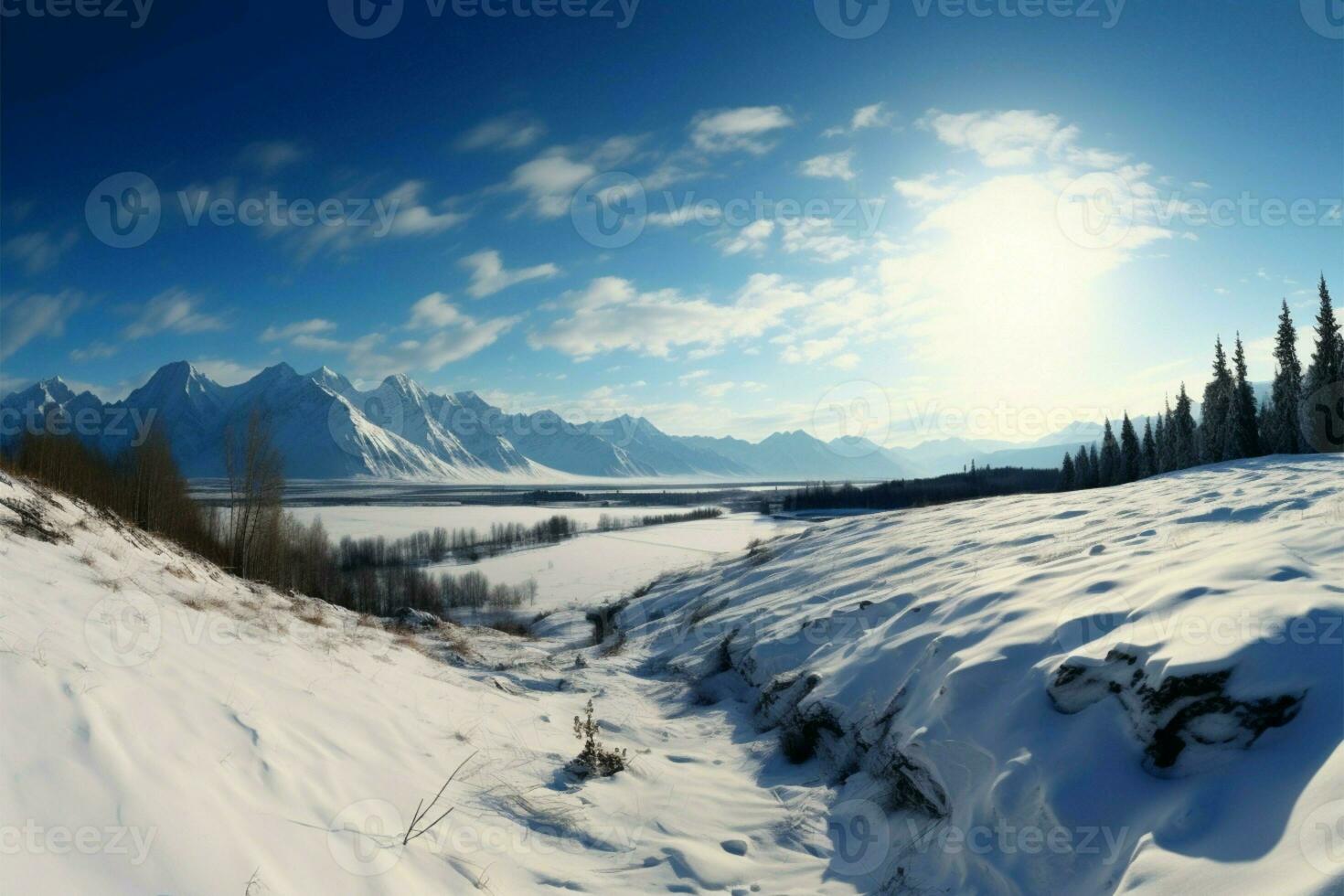 Snow blankets the land, with distant mountains gracing the backdrop AI Generated photo
