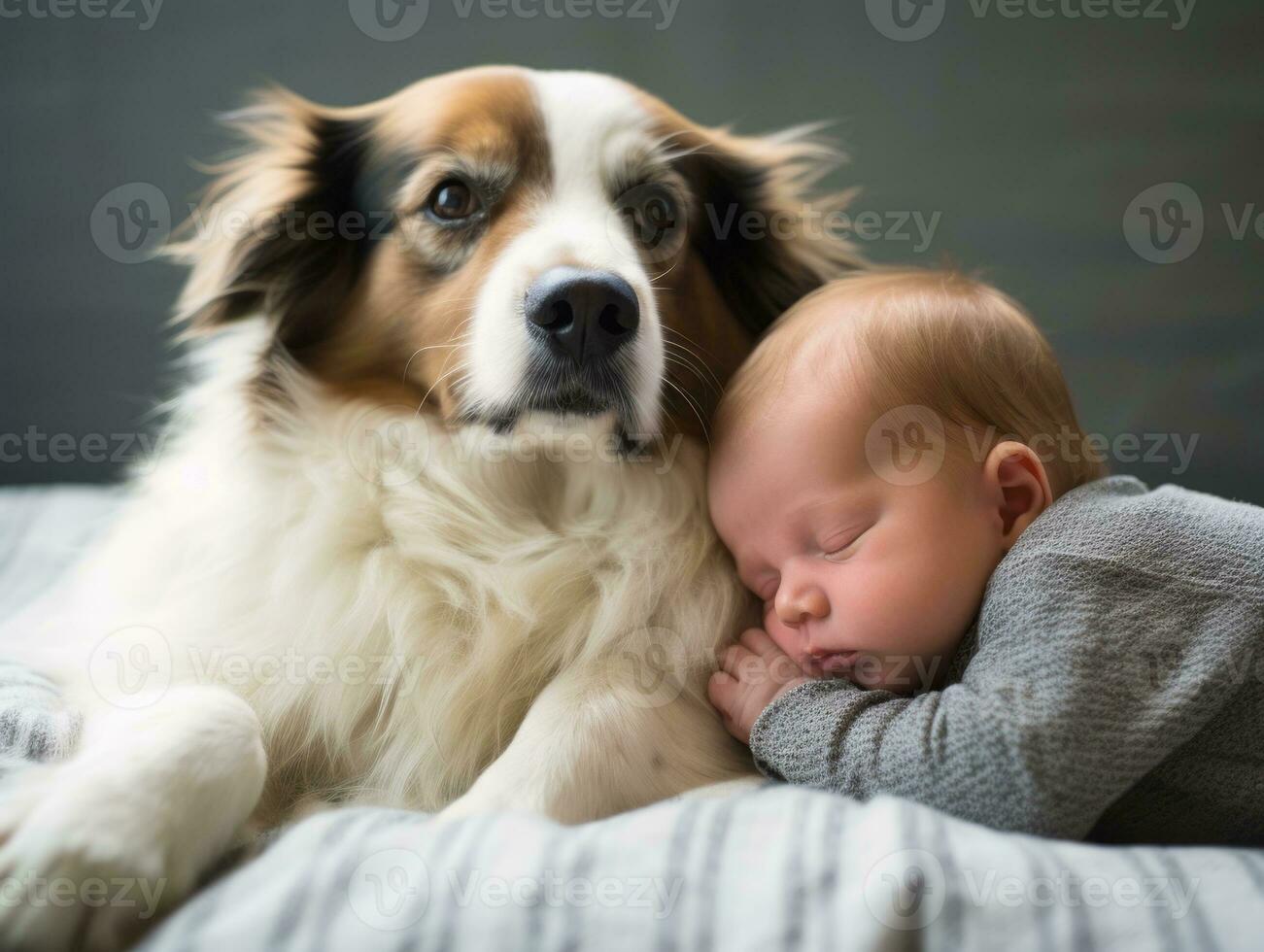 Loving dog nuzzling a newborn baby in a crib AI Generative photo