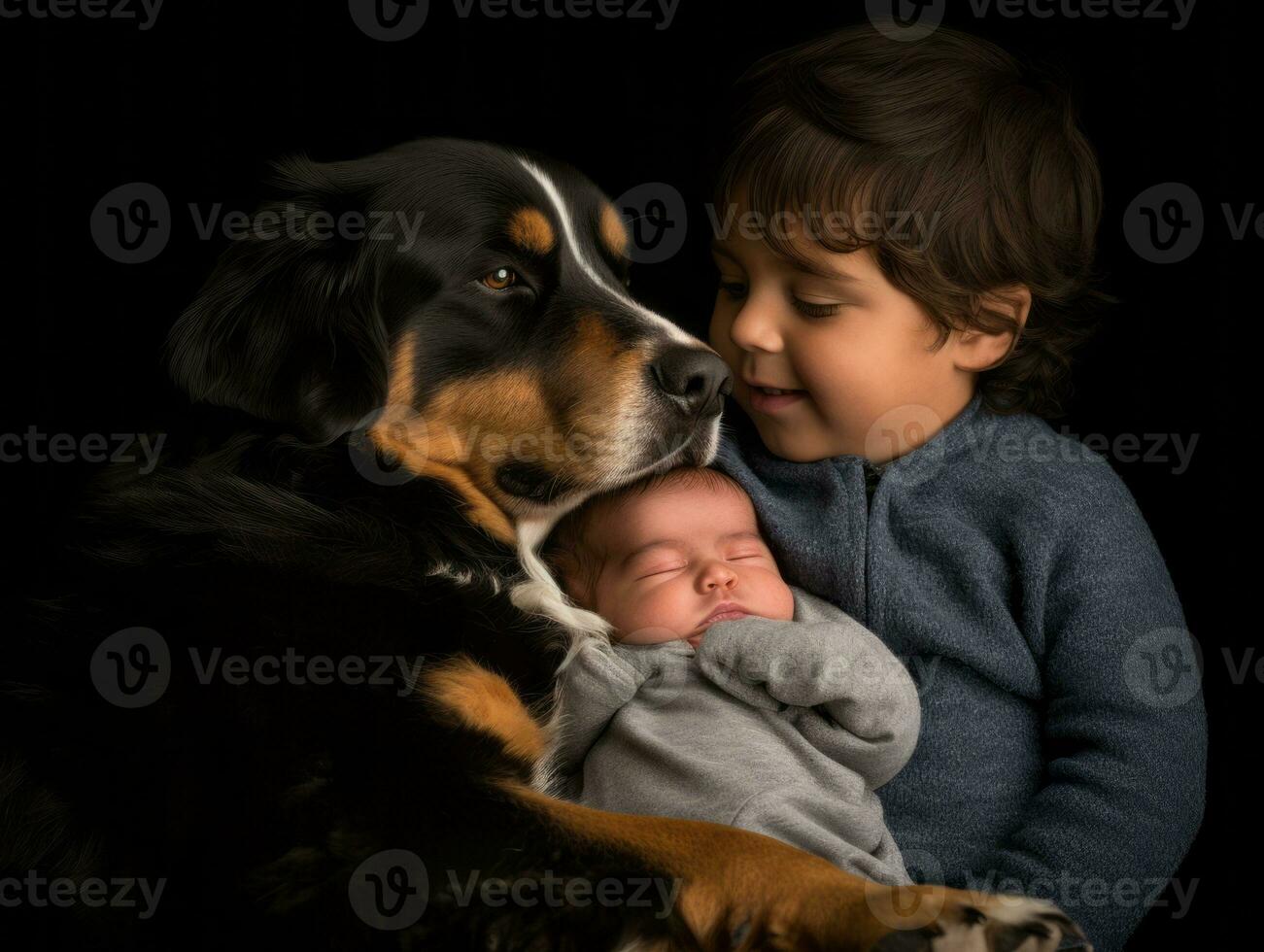 Loving dog nuzzling a newborn baby in a crib AI Generative photo