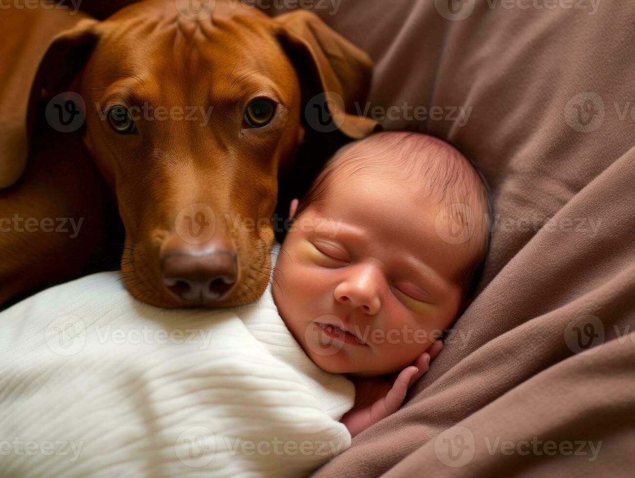 Loving dog nuzzling a newborn baby in a crib AI Generative photo