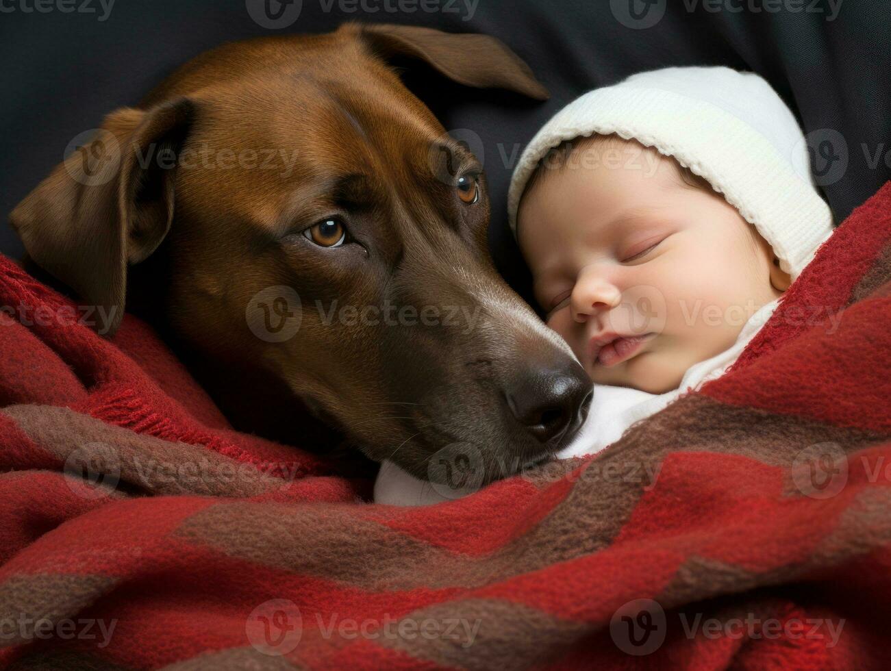 Loving dog nuzzling a newborn baby in a crib AI Generative photo