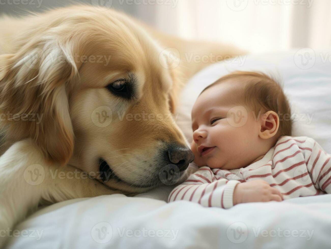 Loving dog nuzzling a newborn baby in a crib AI Generative photo