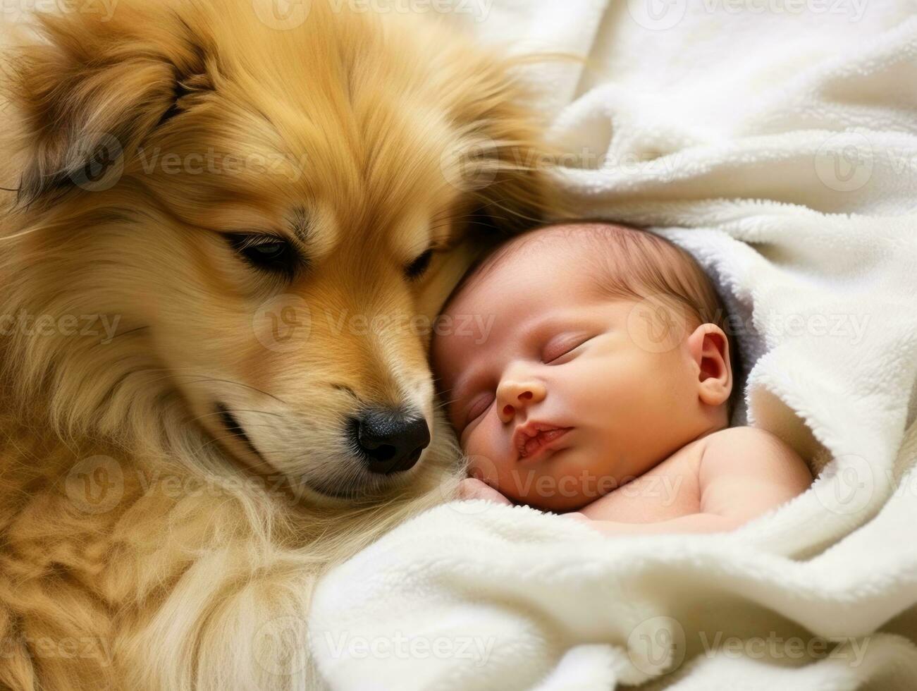 Loving dog nuzzling a newborn baby in a crib AI Generative photo
