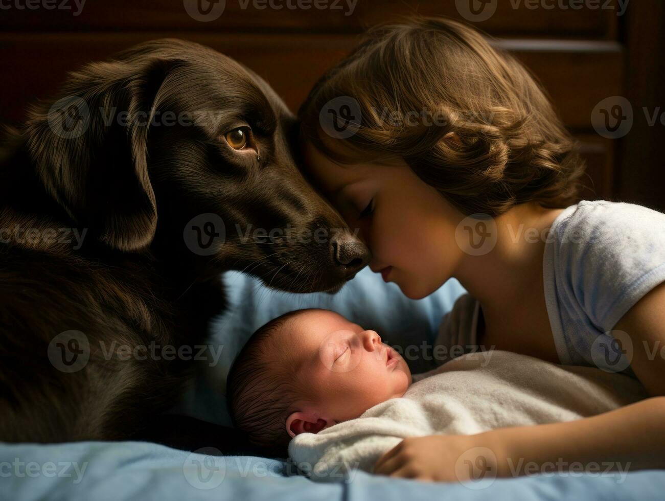 Loving dog nuzzling a newborn baby in a crib AI Generative photo