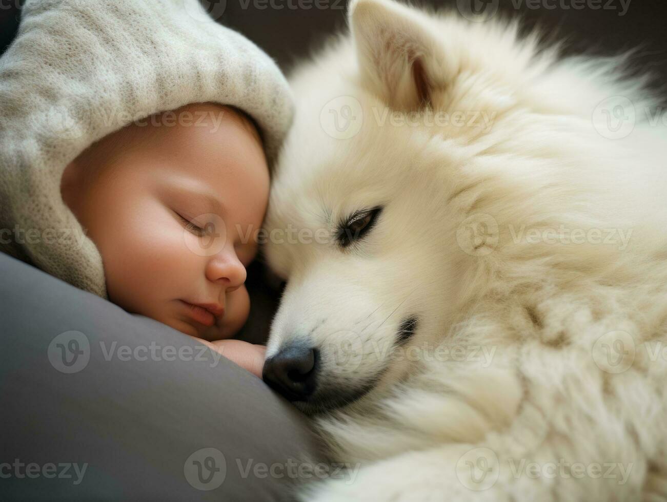 Loving dog nuzzling a newborn baby in a crib AI Generative photo