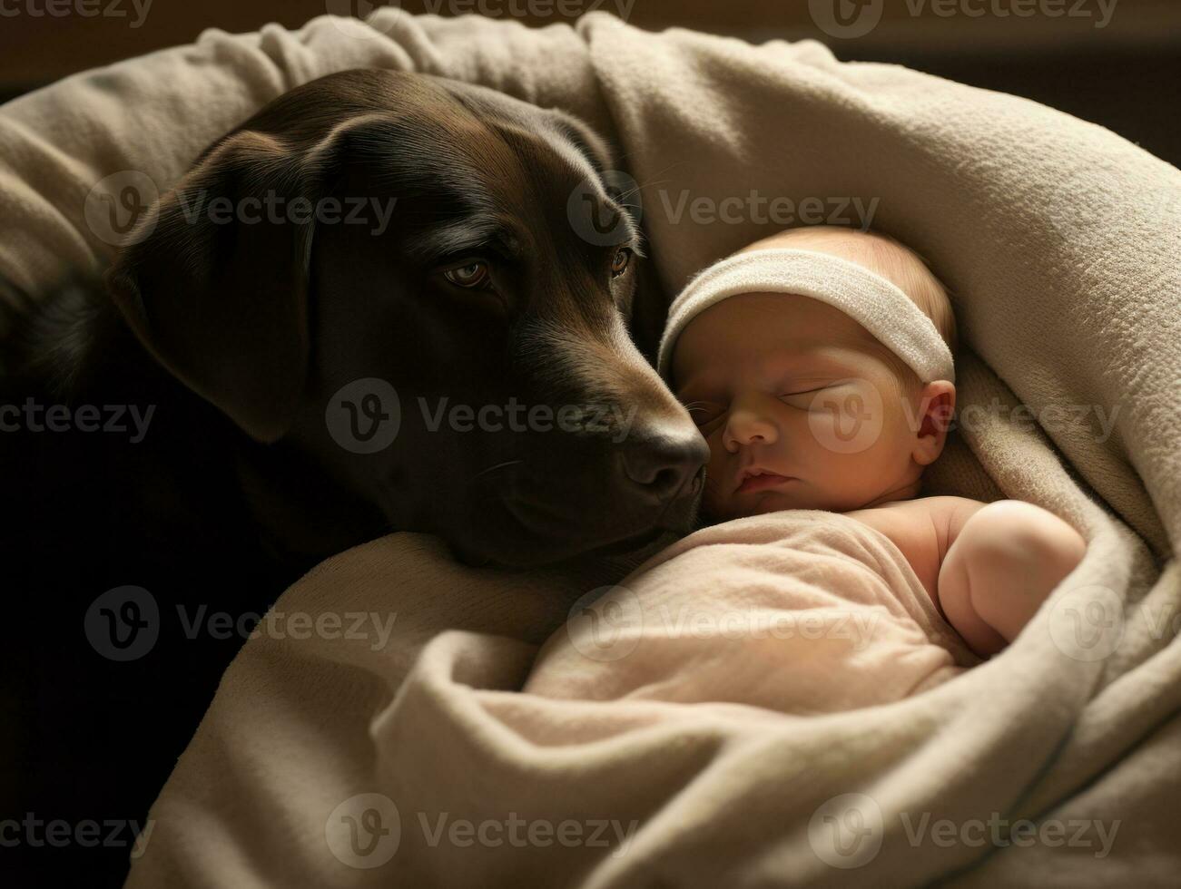 Loving dog nuzzling a newborn baby in a crib AI Generative photo