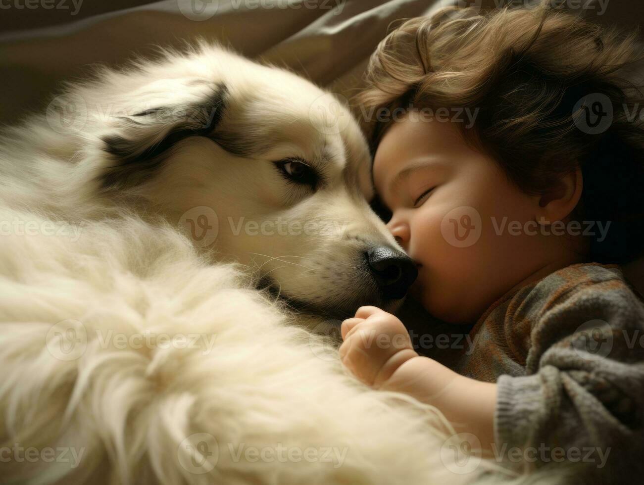 Loving dog nuzzling a newborn baby in a crib AI Generative photo