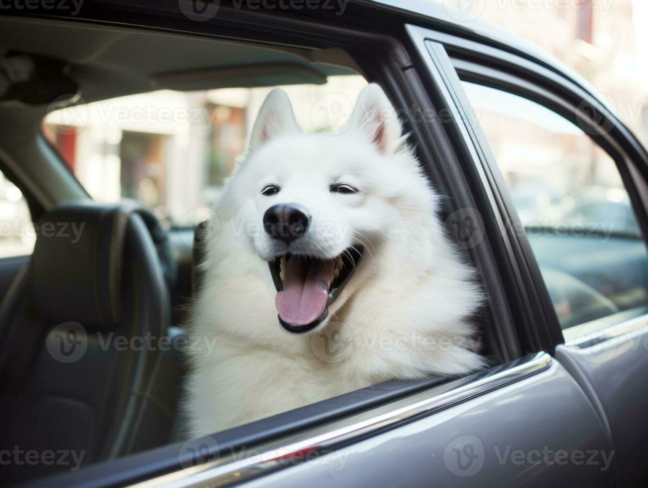 Happy dog riding in a car with its head out the window AI Generative photo