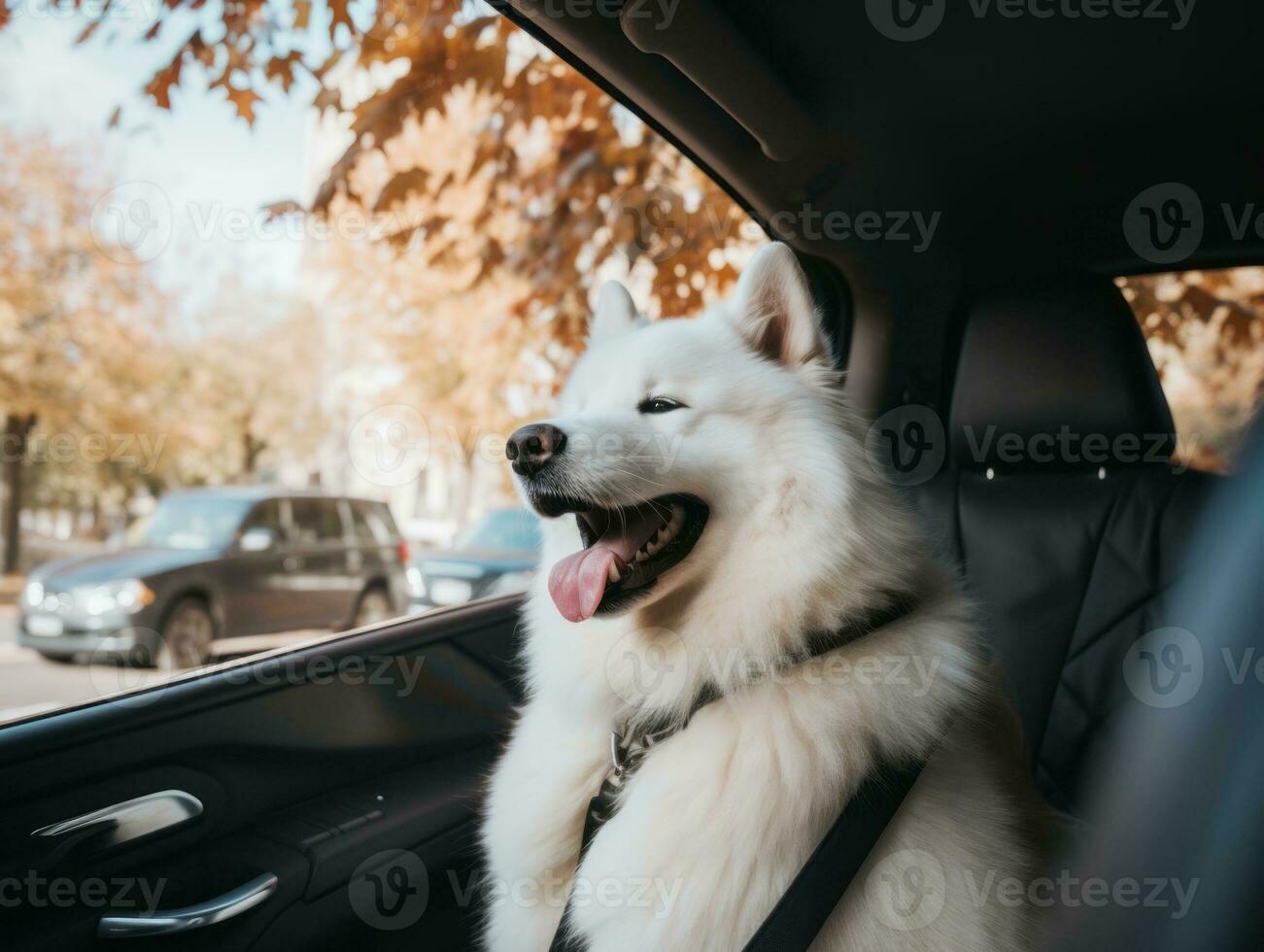 Happy dog riding in a car with its head out the window AI Generative photo