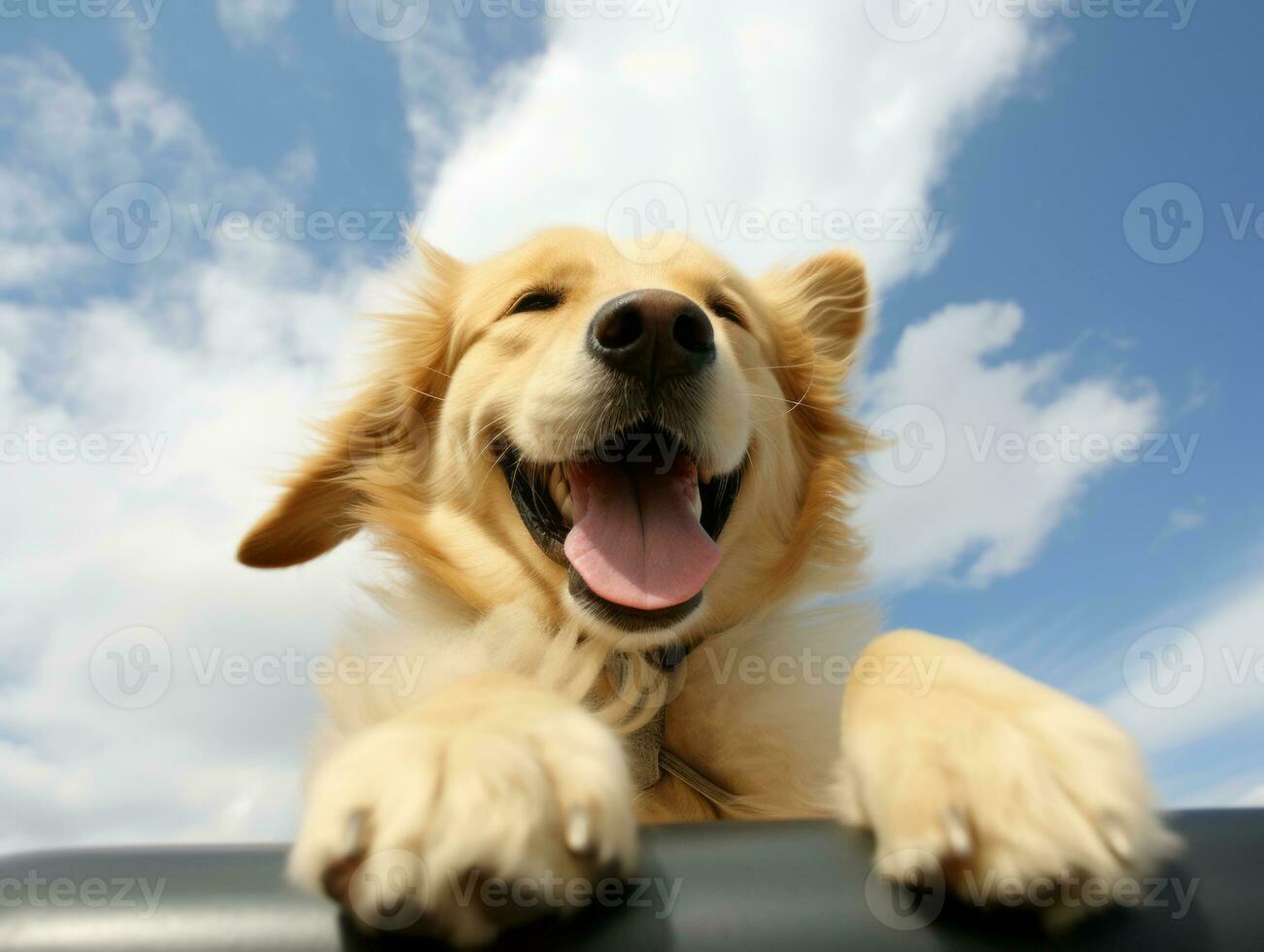 Happy dog riding in a car with its head out the window AI Generative photo