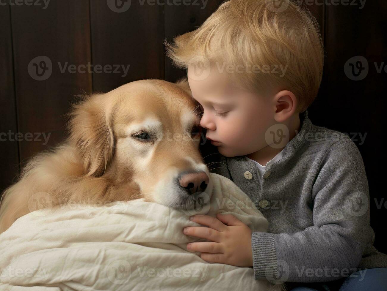 Loving dog nuzzling a newborn baby in a crib AI Generative photo