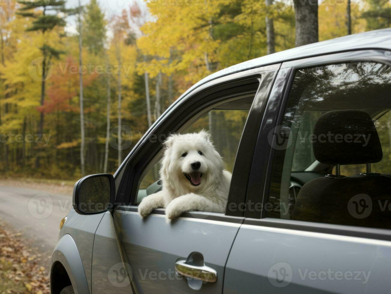 Happy dog riding in a car with its head out the window AI Generative photo