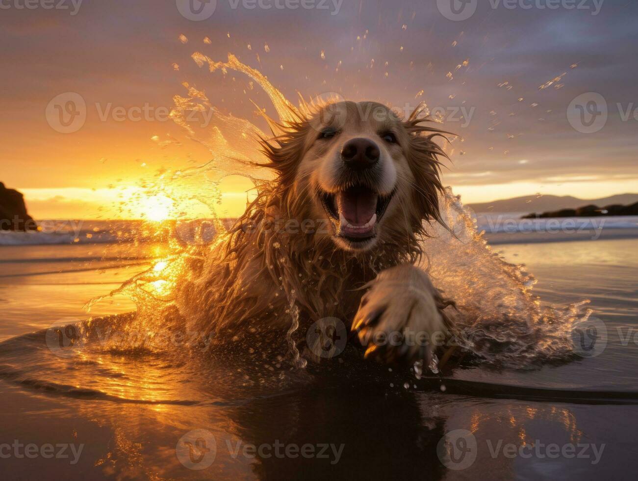 Happy dog playing on the beach AI Generative photo