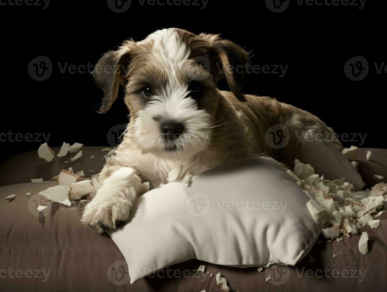 Dog with a mischievous expression surrounded by torn-up pillows AI Generative photo
