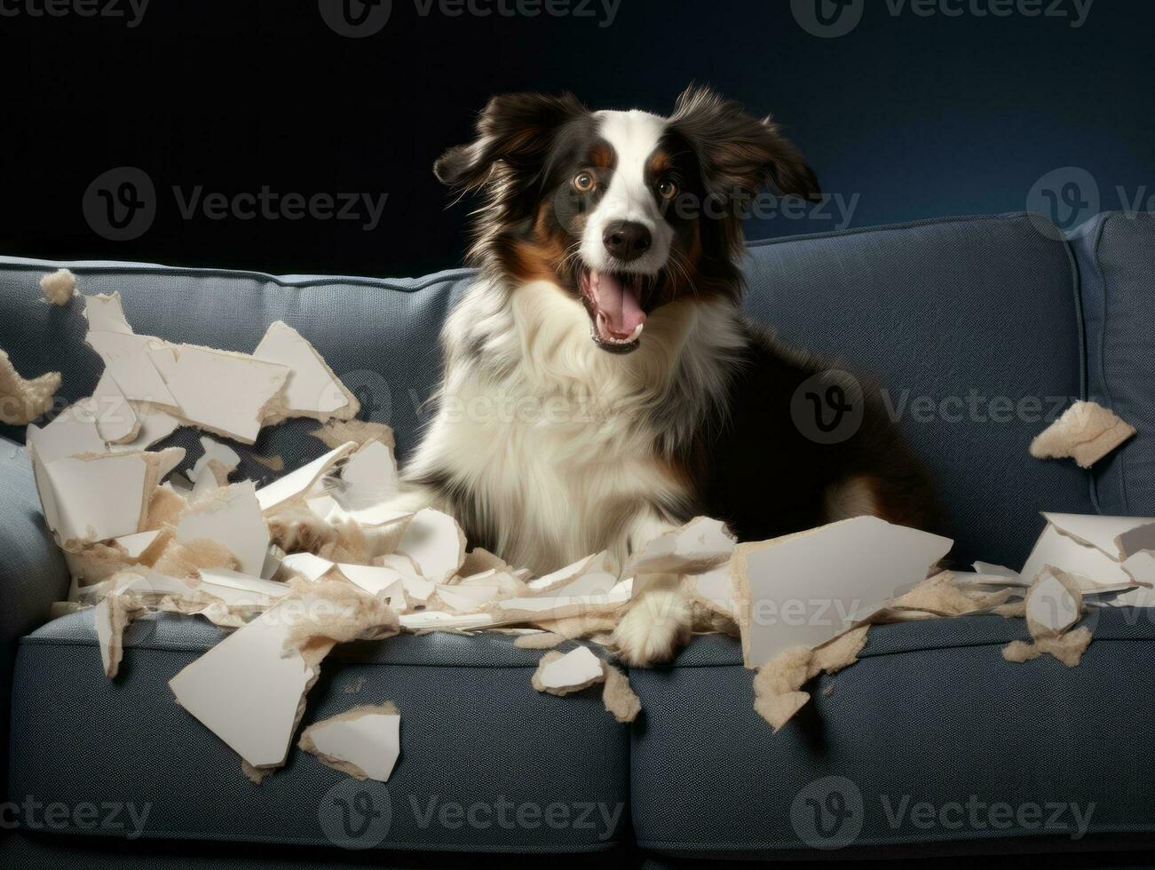 Dog with a mischievous expression surrounded by torn-up pillows AI Generative photo
