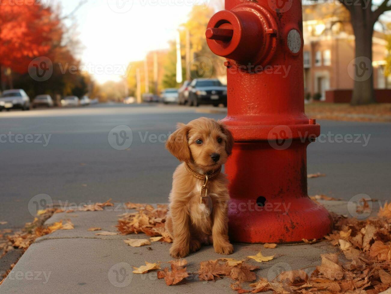 Cute puppy sitting by a fire hydrant AI Generative photo