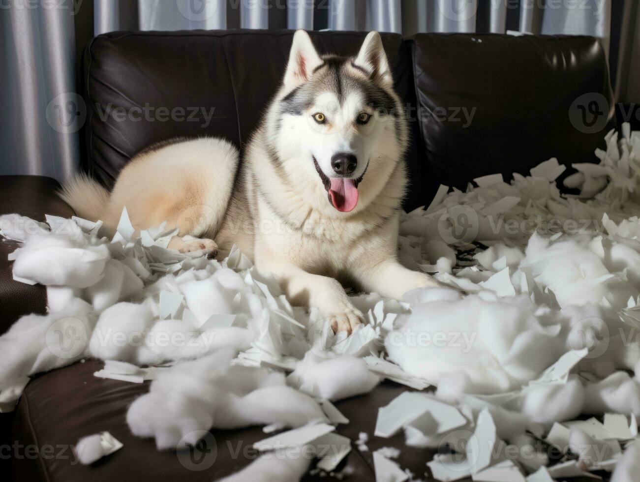 Dog with a mischievous expression surrounded by torn-up pillows AI Generative photo