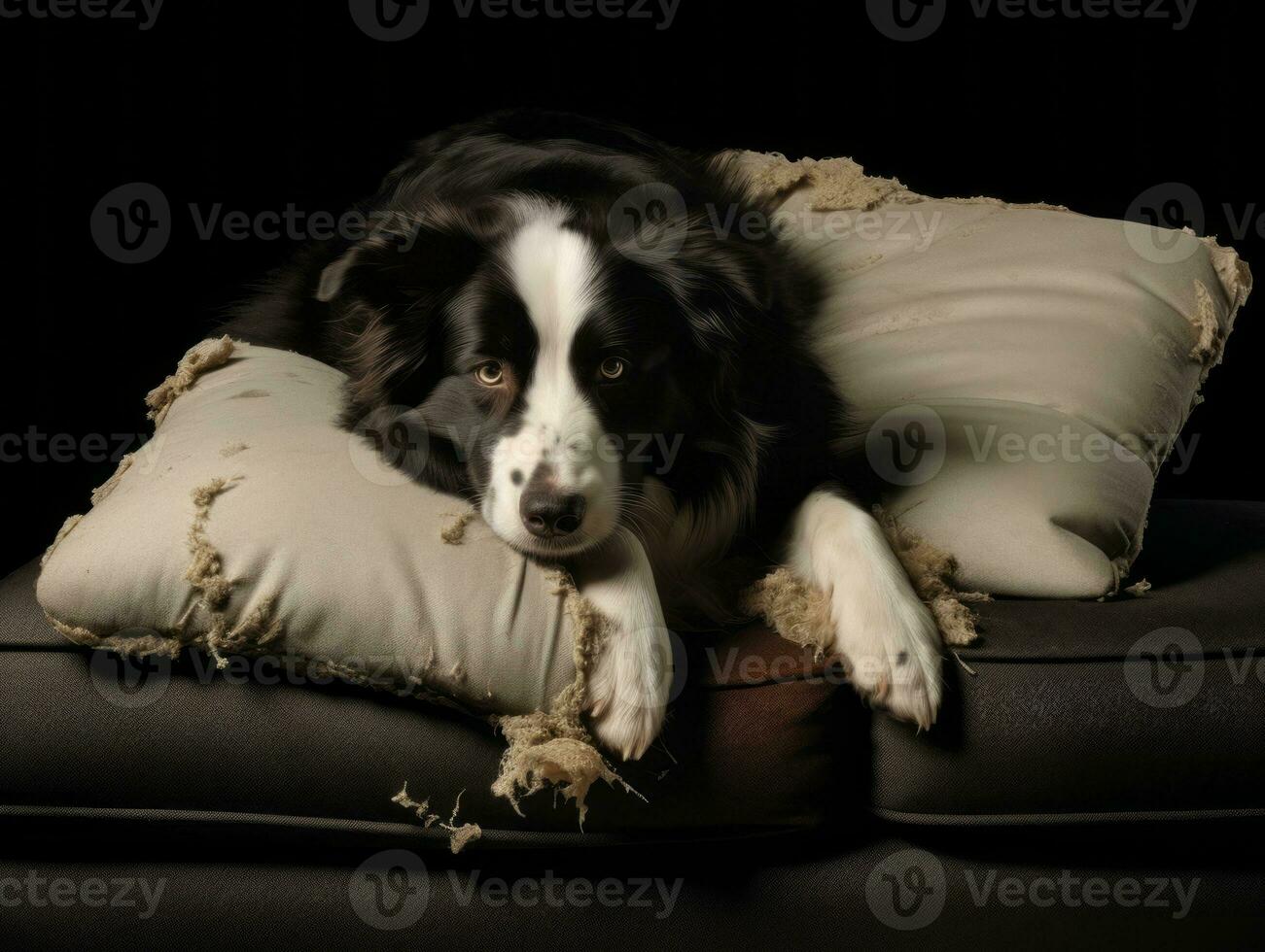 Dog with a mischievous expression surrounded by torn-up pillows AI Generative photo