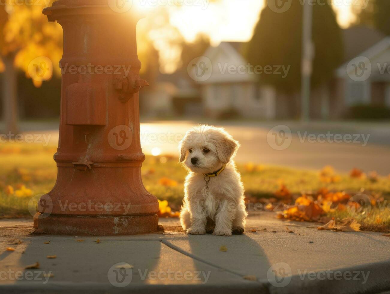 Cute puppy sitting by a fire hydrant AI Generative photo