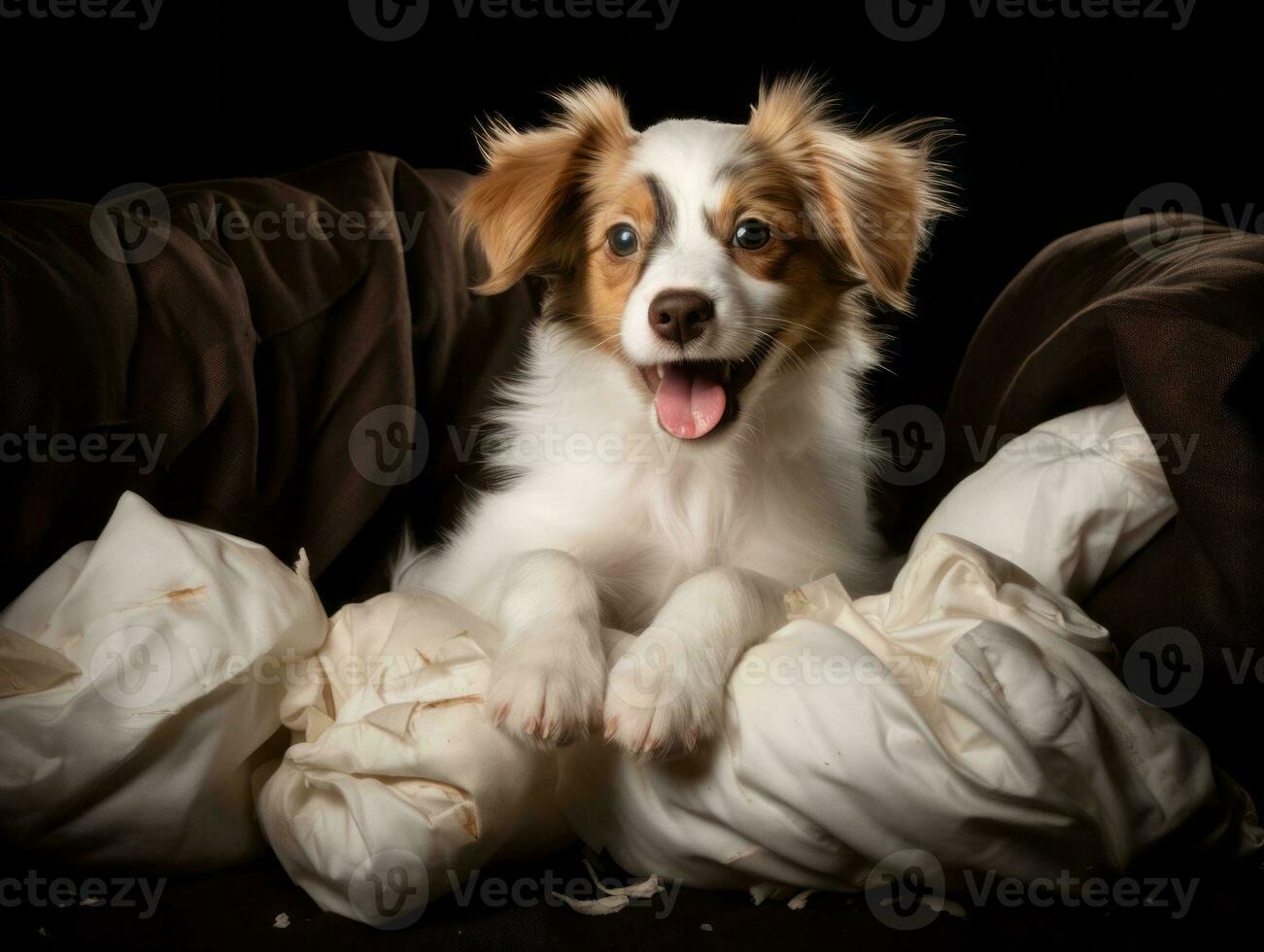 Dog with a mischievous expression surrounded by torn-up pillows AI Generative photo