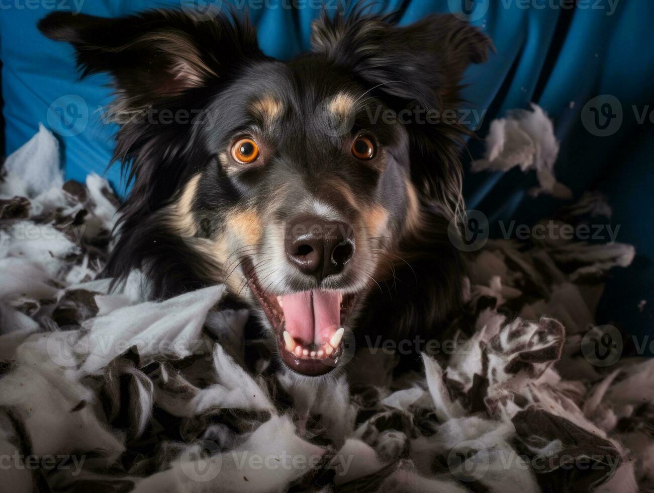Dog with a mischievous expression surrounded by torn-up pillows AI Generative photo