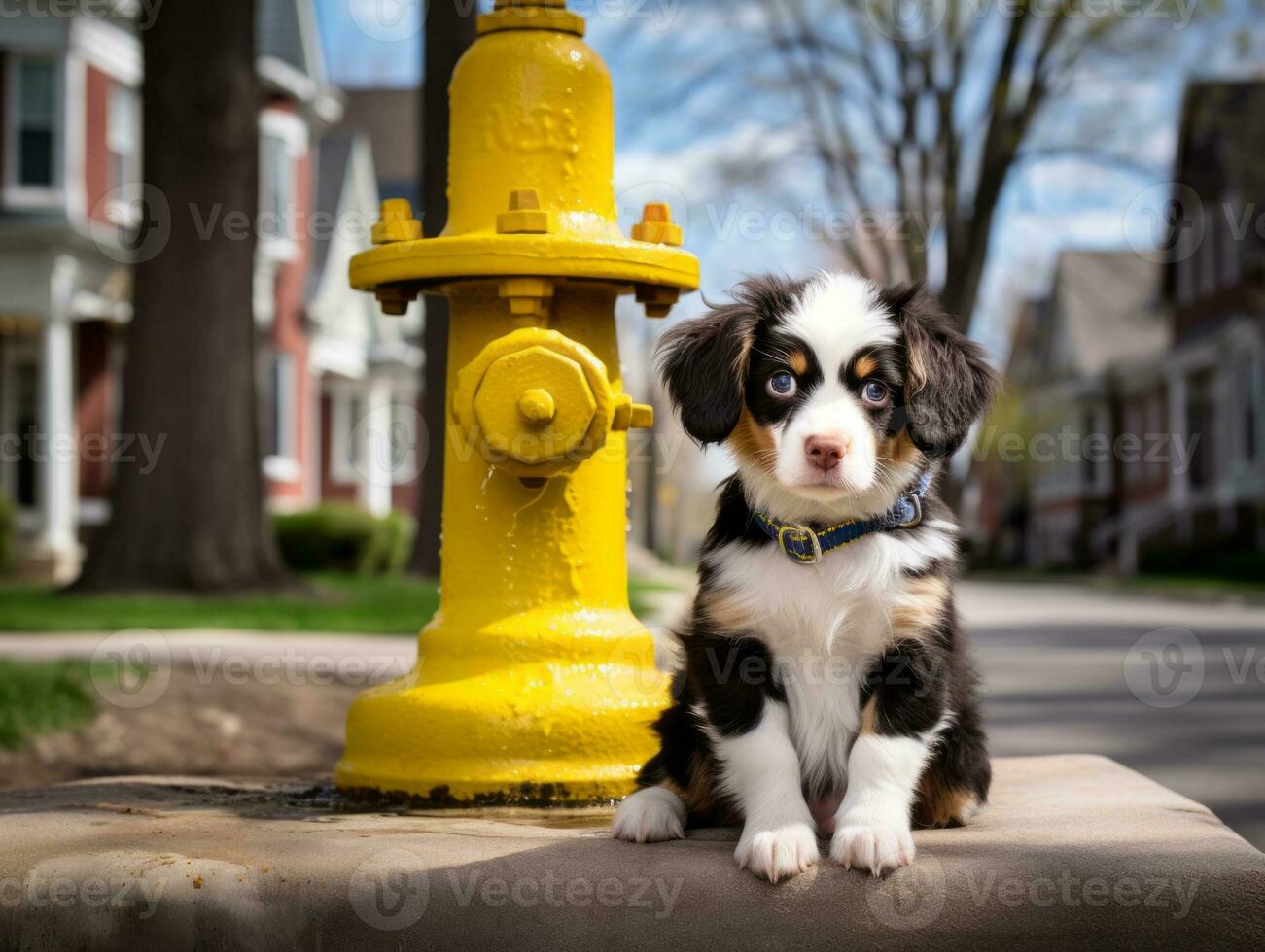 Cute puppy sitting by a fire hydrant AI Generative photo