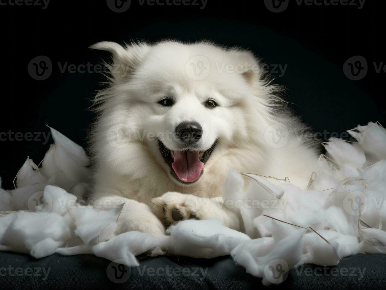 Dog with a mischievous expression surrounded by torn-up pillows AI Generative photo