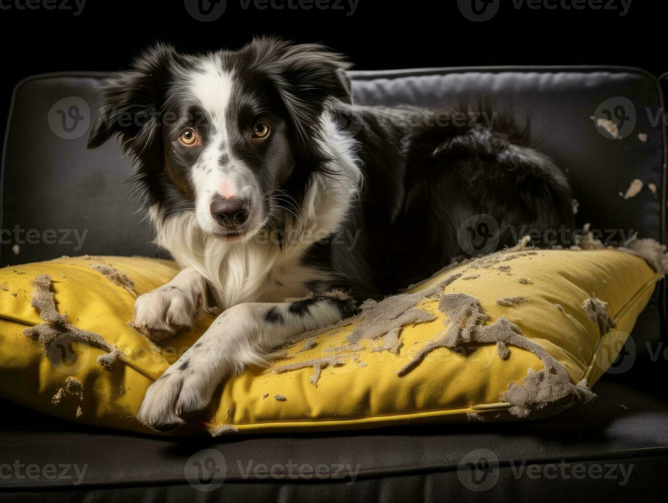 Dog with a mischievous expression surrounded by torn-up pillows AI Generative photo