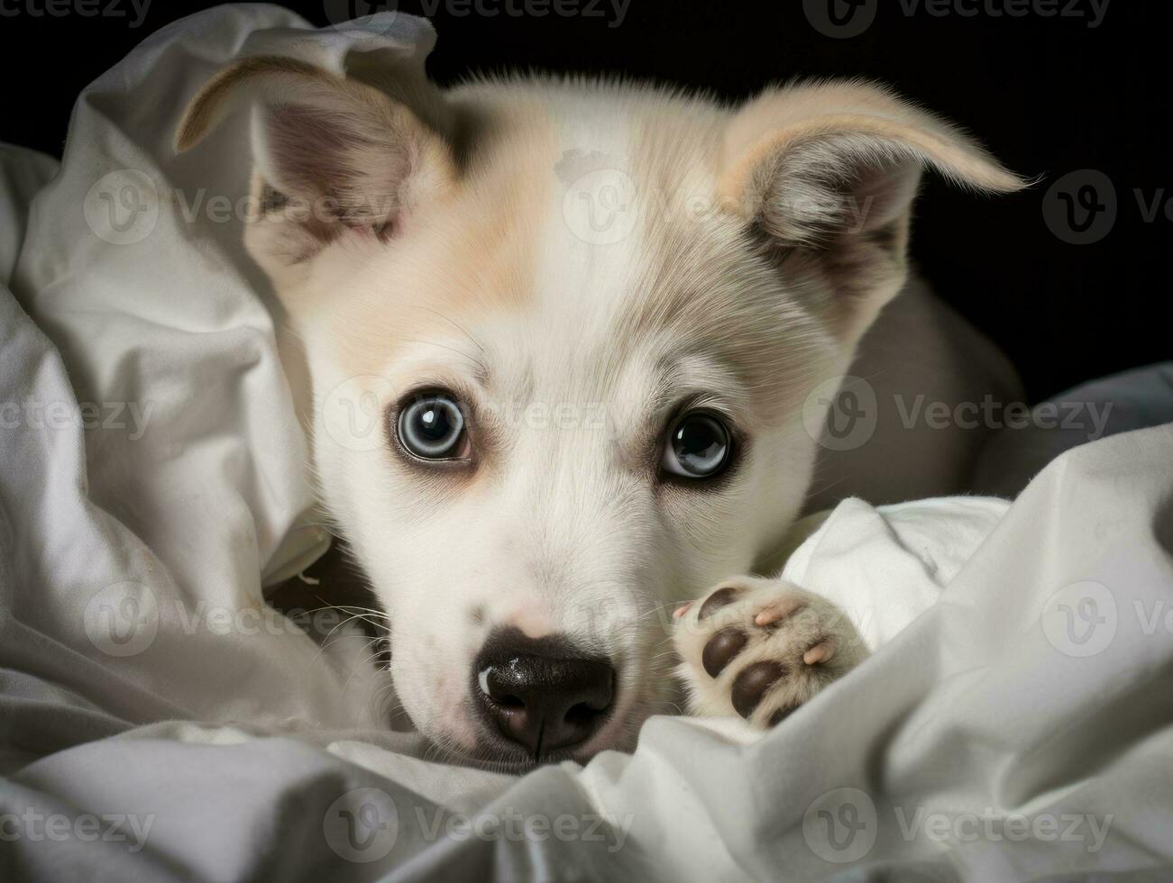 Dog with a mischievous expression surrounded by torn-up pillows AI Generative photo