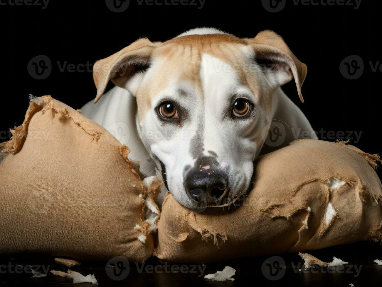 Dog with a mischievous expression surrounded by torn-up pillows AI Generative photo