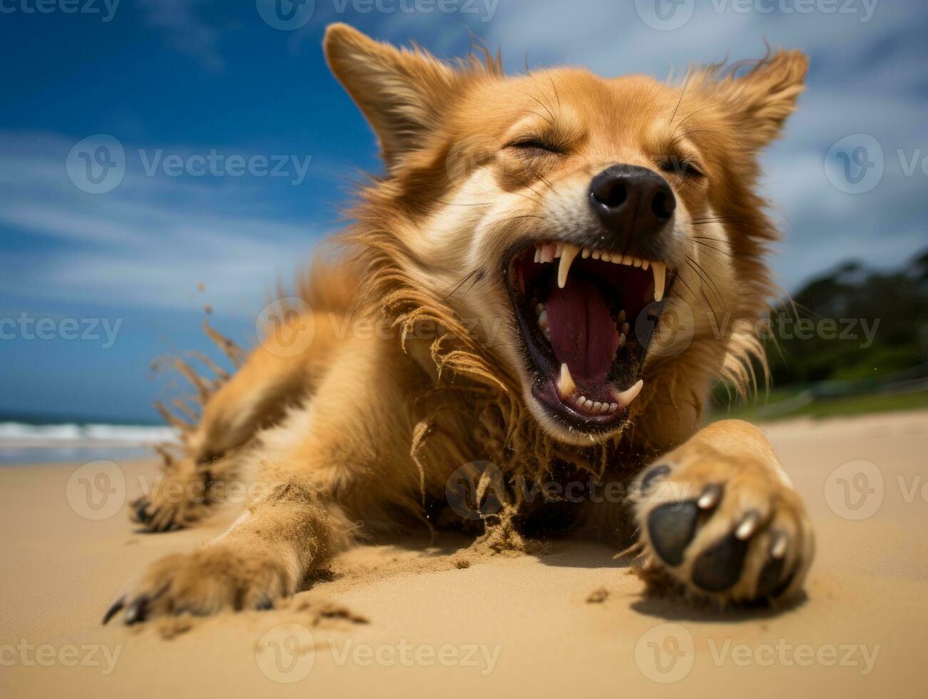 Happy dog playing on the beach AI Generative photo
