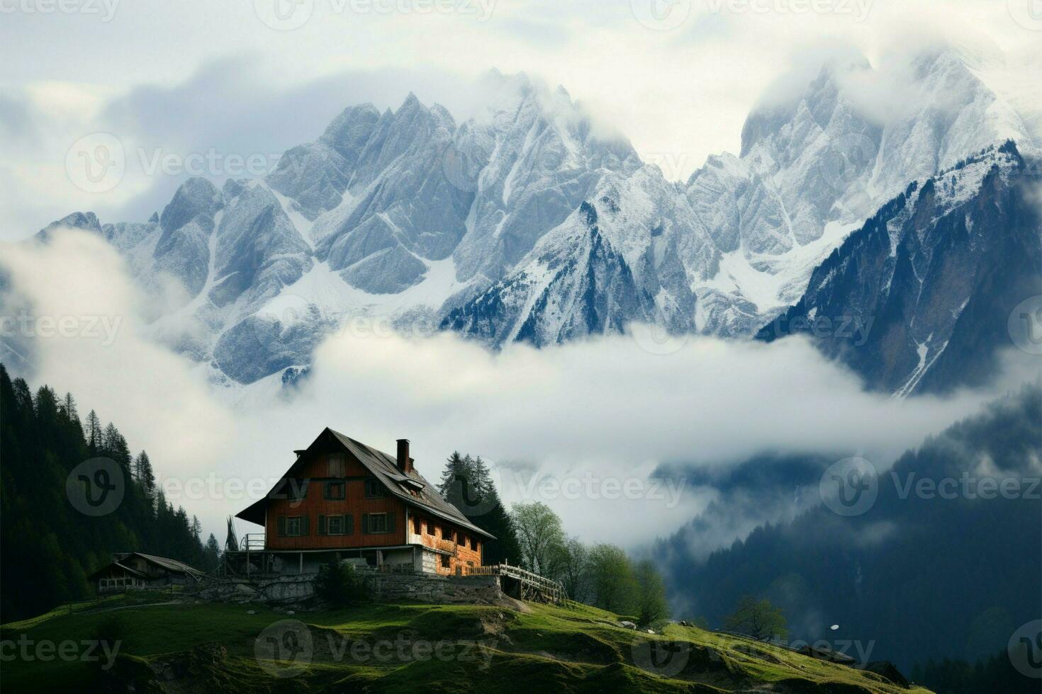 Mystical Dachstein emerges through mist, with charming alpine houses AI Generated photo