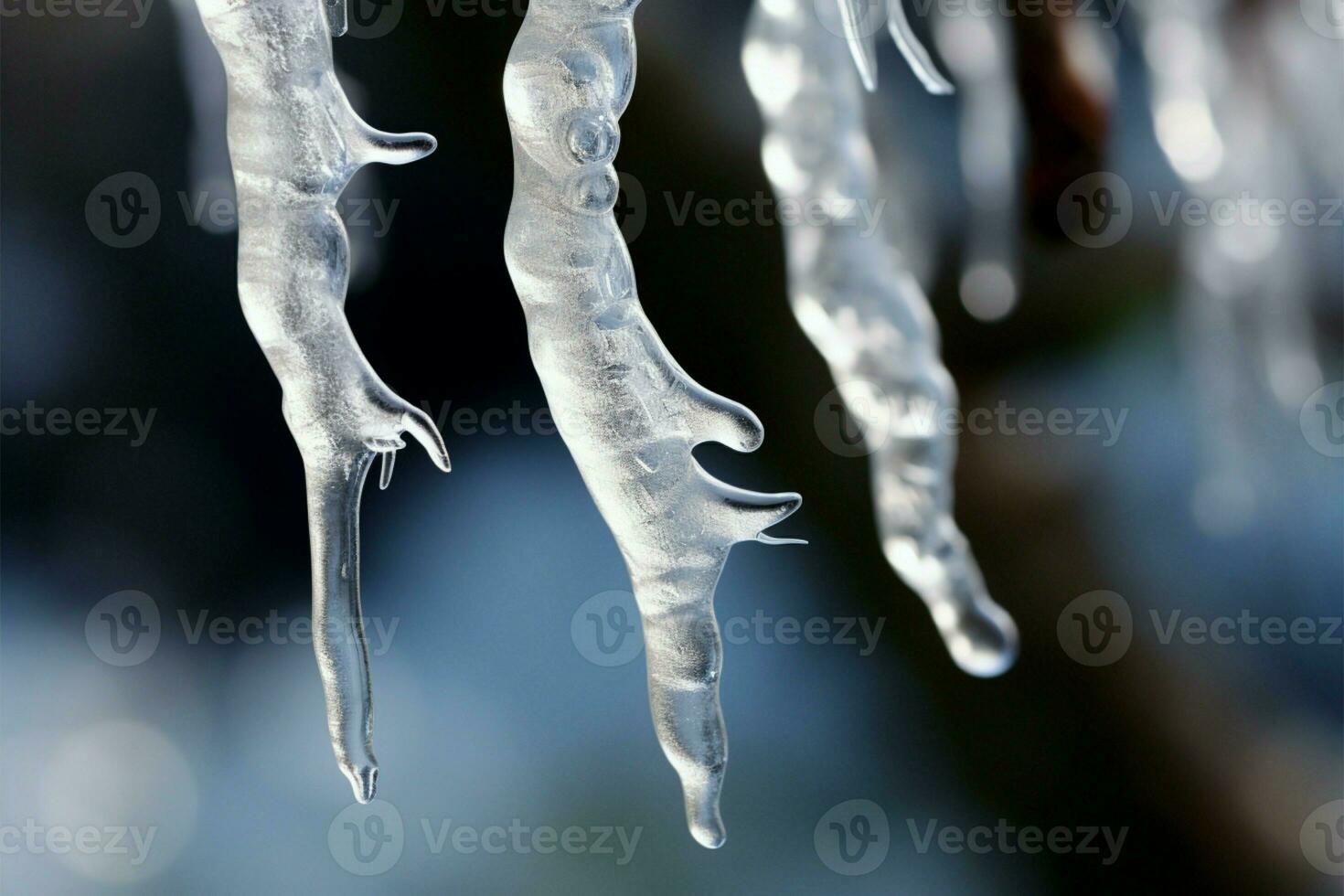 Natures artistry icicles hanging gracefully from frost covered tree branches AI Generated photo