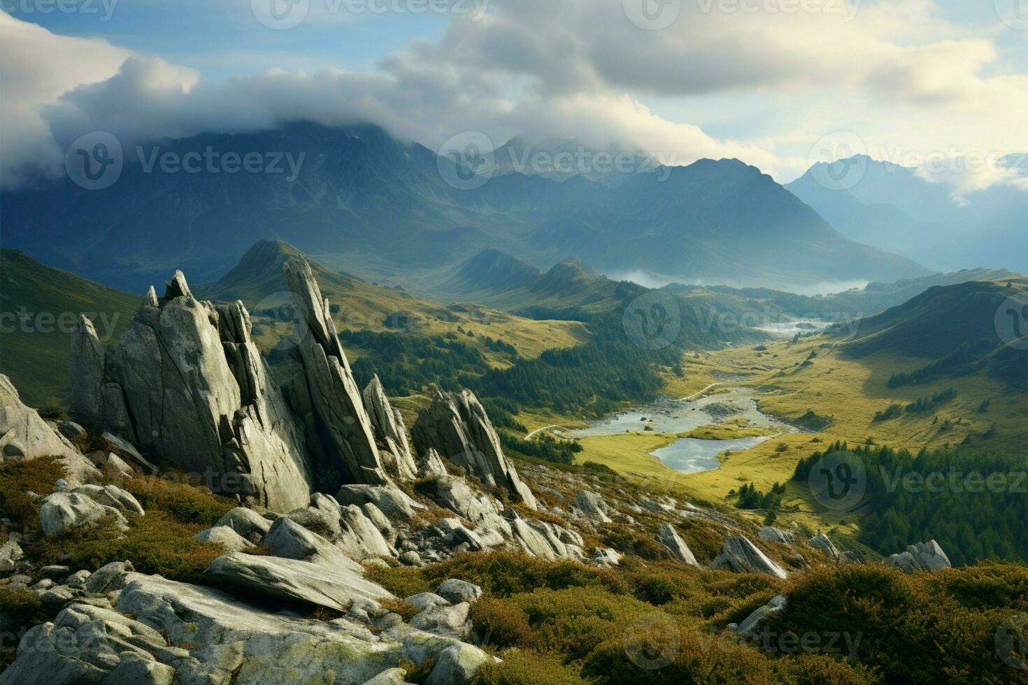 Mountainous vistas unfold, displaying Earths awe inspiring and diverse landscapes AI Generated photo