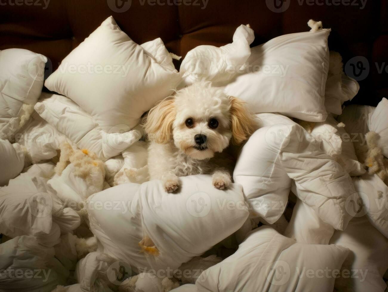 Dog with a mischievous expression surrounded by torn-up pillows AI Generative photo