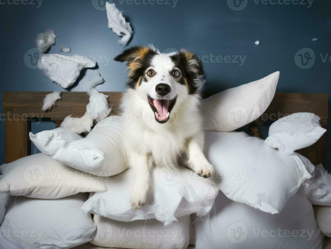 Dog with a mischievous expression surrounded by torn-up pillows AI Generative photo
