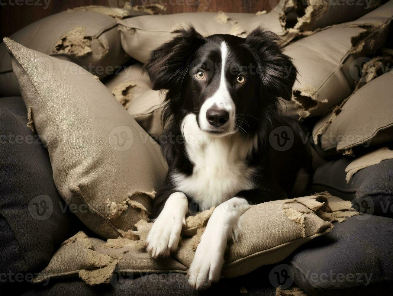 Dog with a mischievous expression surrounded by torn-up pillows AI Generative photo
