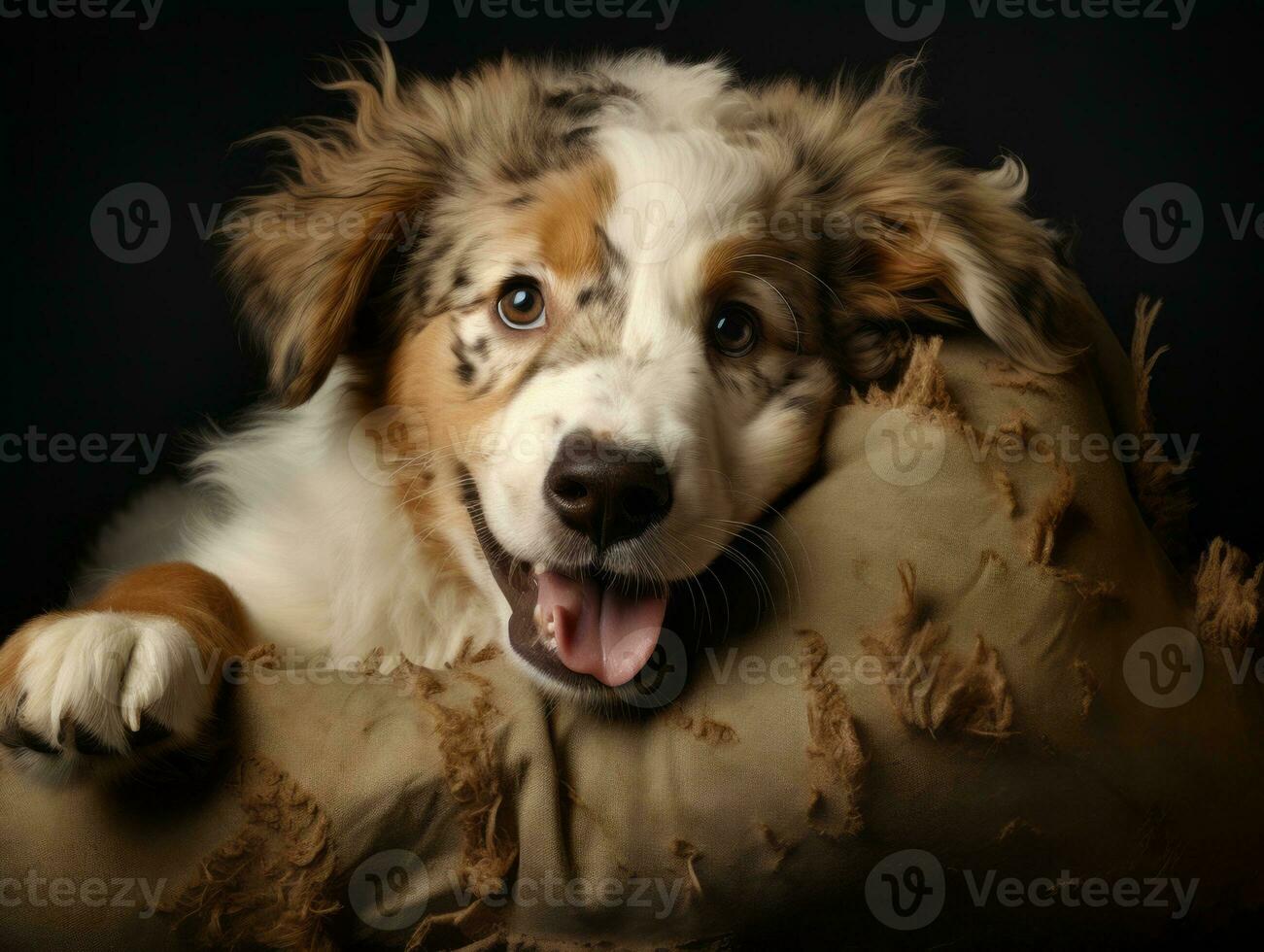 Dog with a mischievous expression surrounded by torn-up pillows AI Generative photo