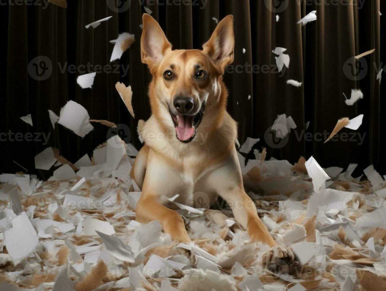 Dog with a mischievous expression surrounded by torn-up pillows AI Generative photo