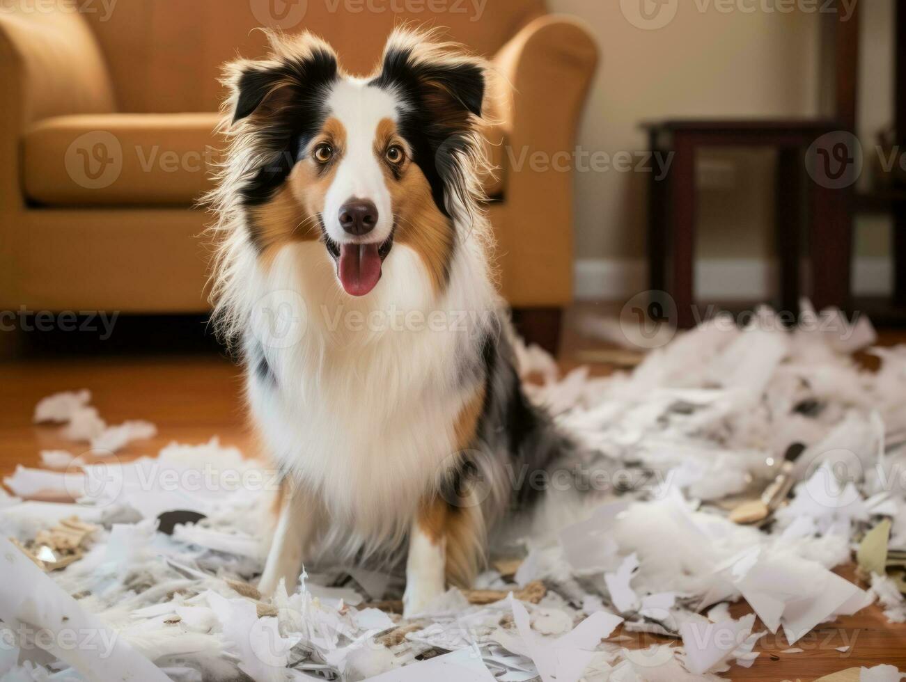Dog with a mischievous expression surrounded by torn-up pillows AI Generative photo