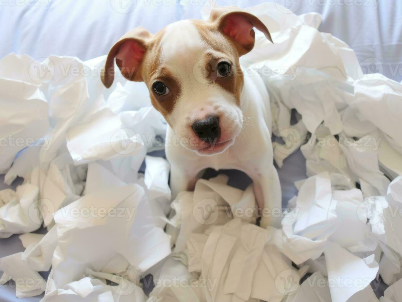 Dog with a mischievous expression surrounded by torn-up pillows AI Generative photo