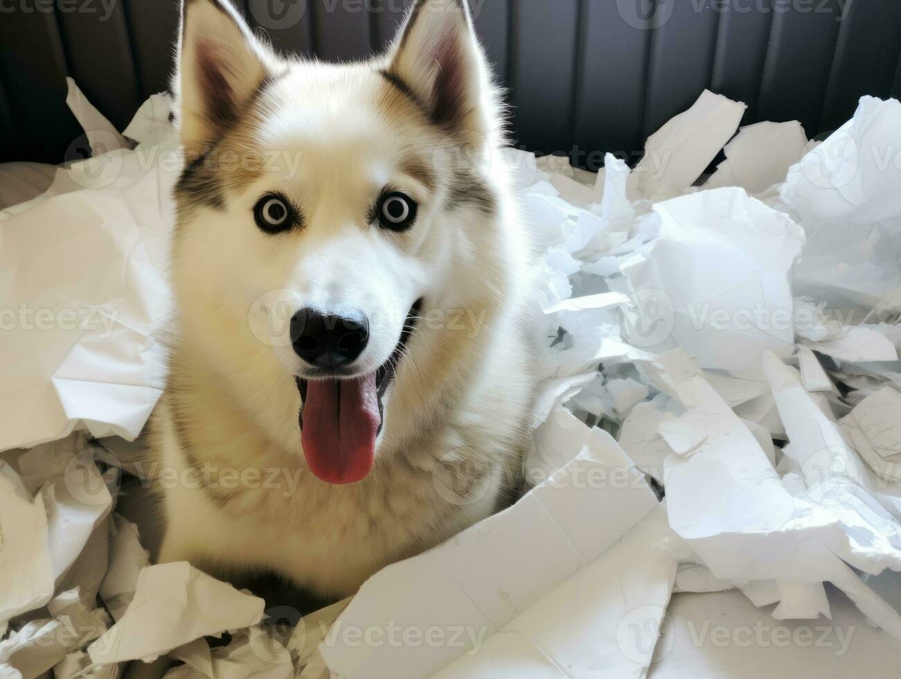 Dog with a mischievous expression surrounded by torn-up pillows AI Generative photo