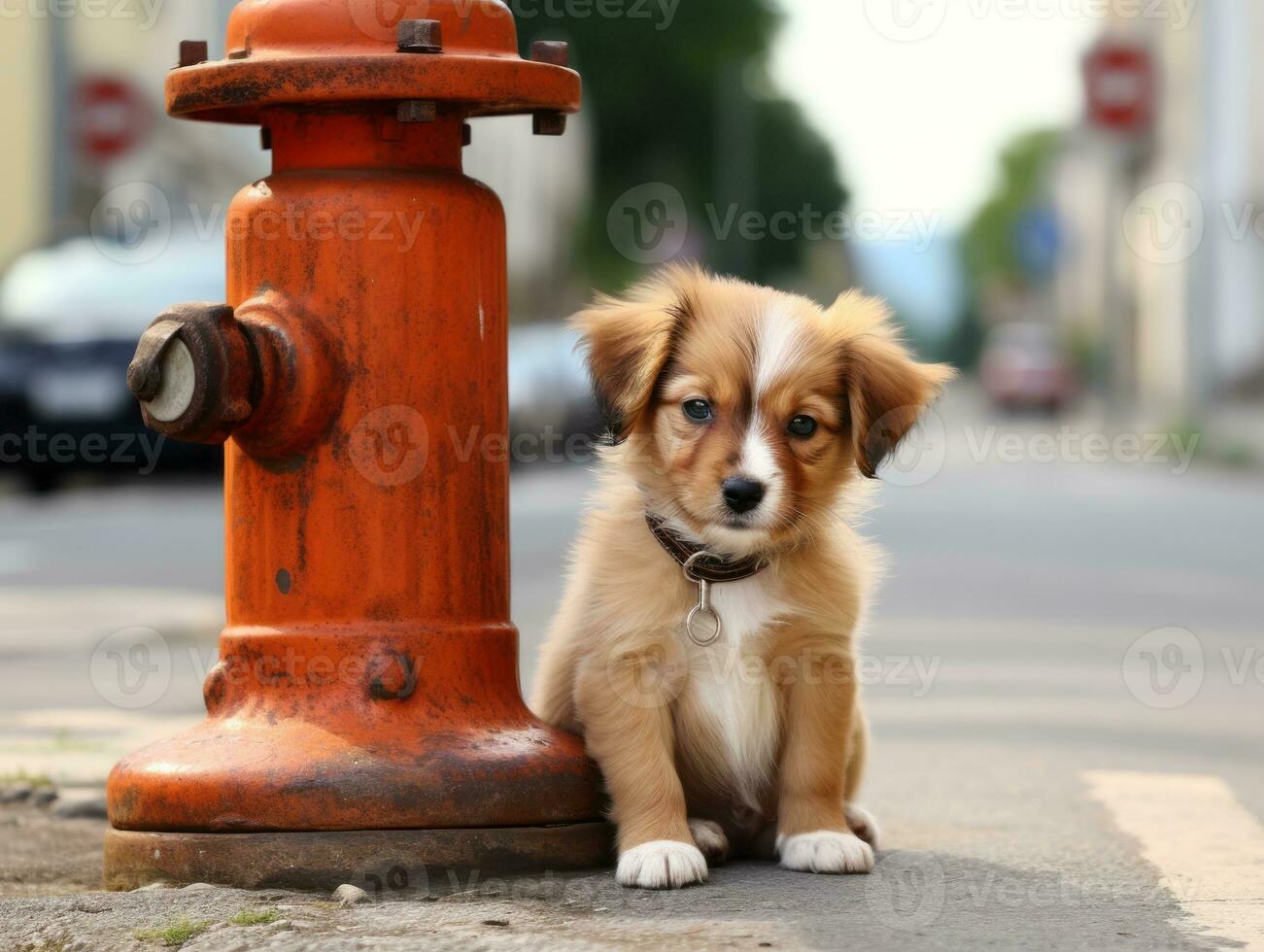 Cute puppy sitting by a fire hydrant AI Generative photo