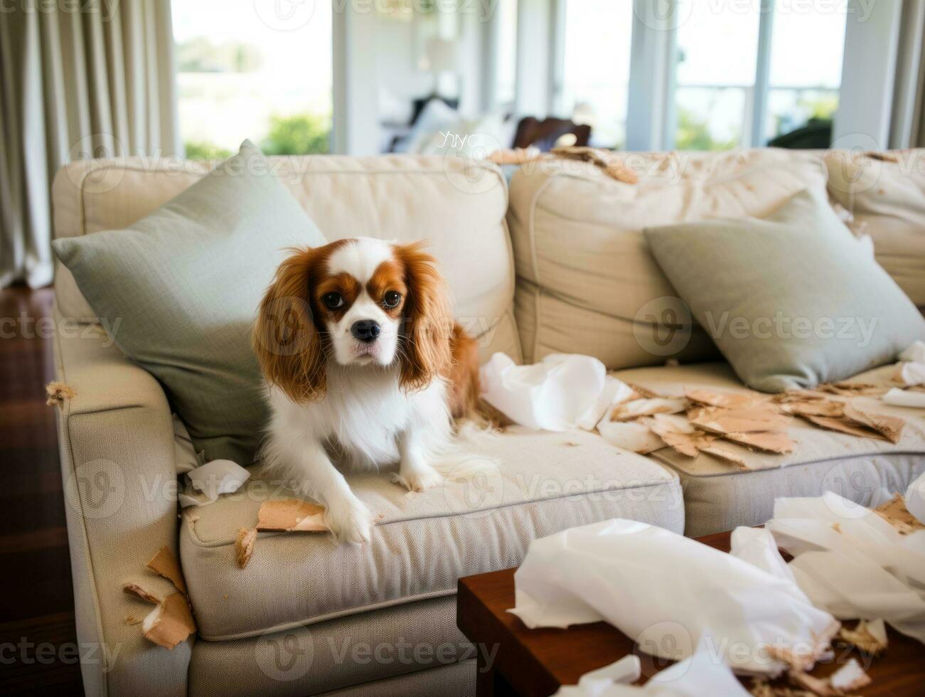Dog with a mischievous expression surrounded by torn-up pillows AI Generative photo