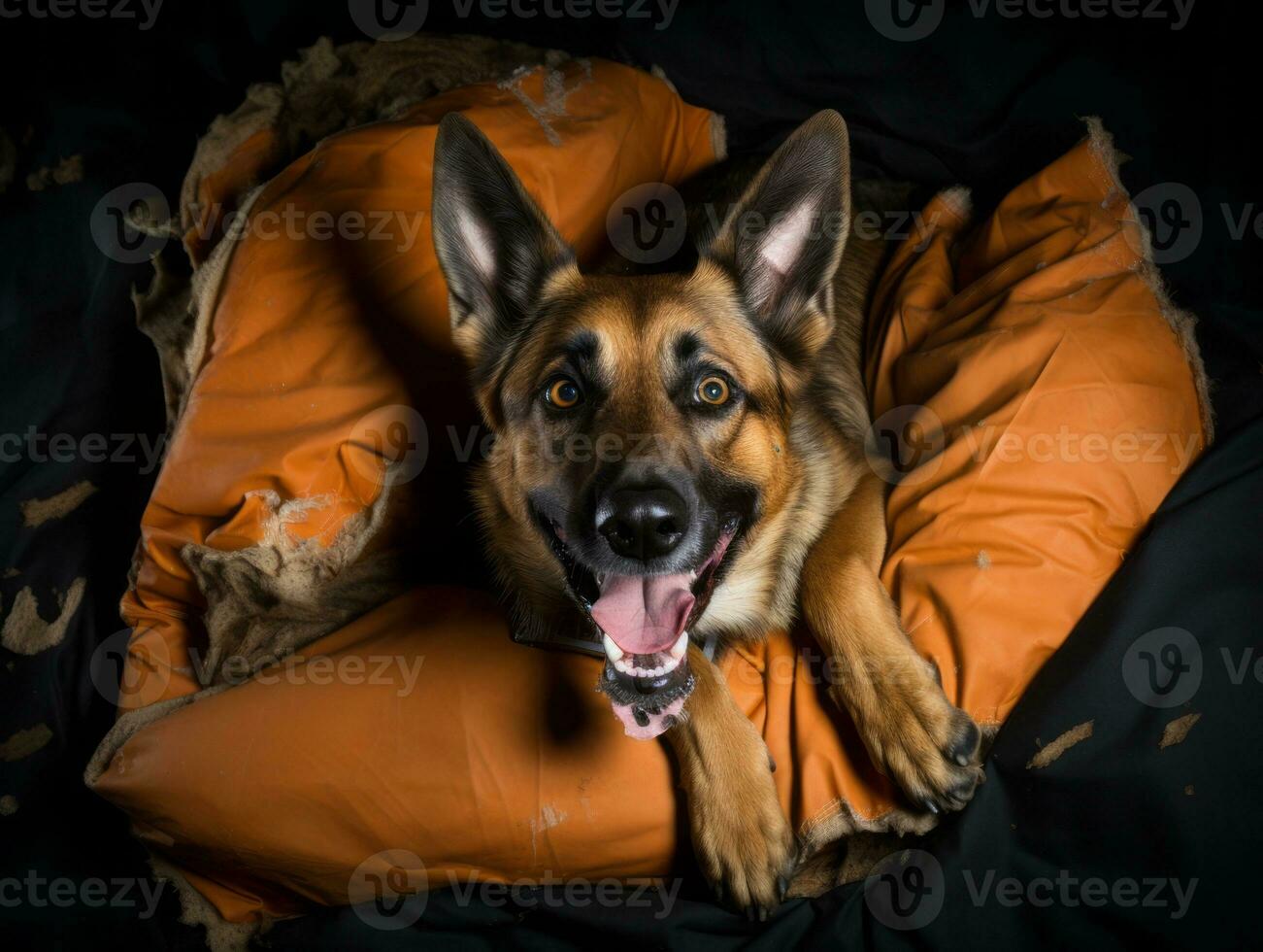 Dog with a mischievous expression surrounded by torn-up pillows AI Generative photo