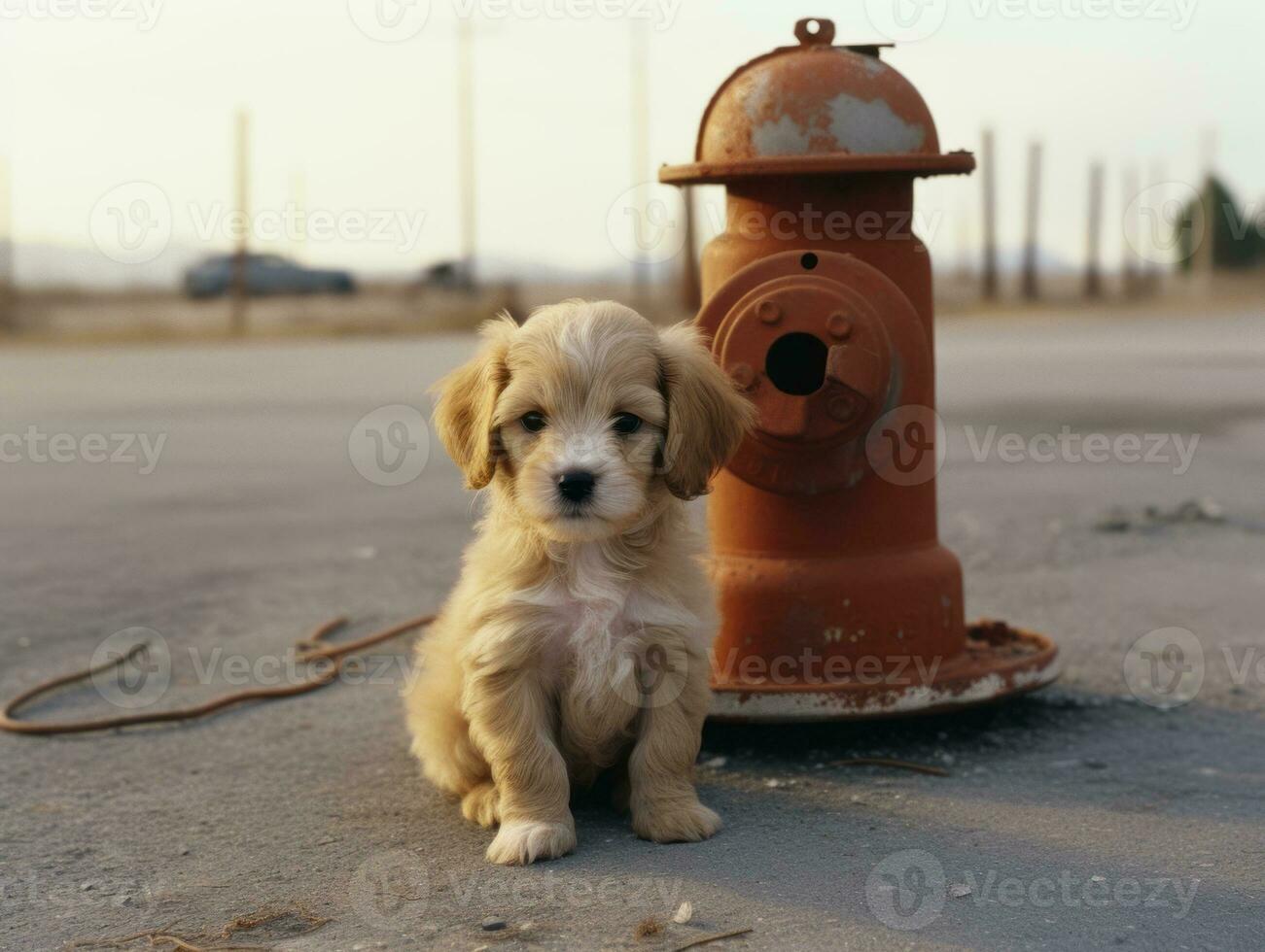 Cute puppy sitting by a fire hydrant AI Generative photo