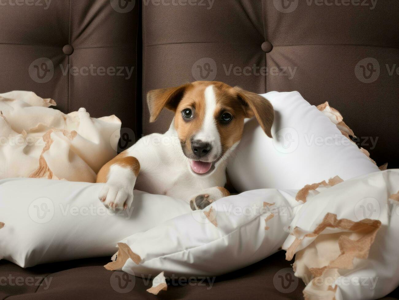 Dog with a mischievous expression surrounded by torn-up pillows AI Generative photo