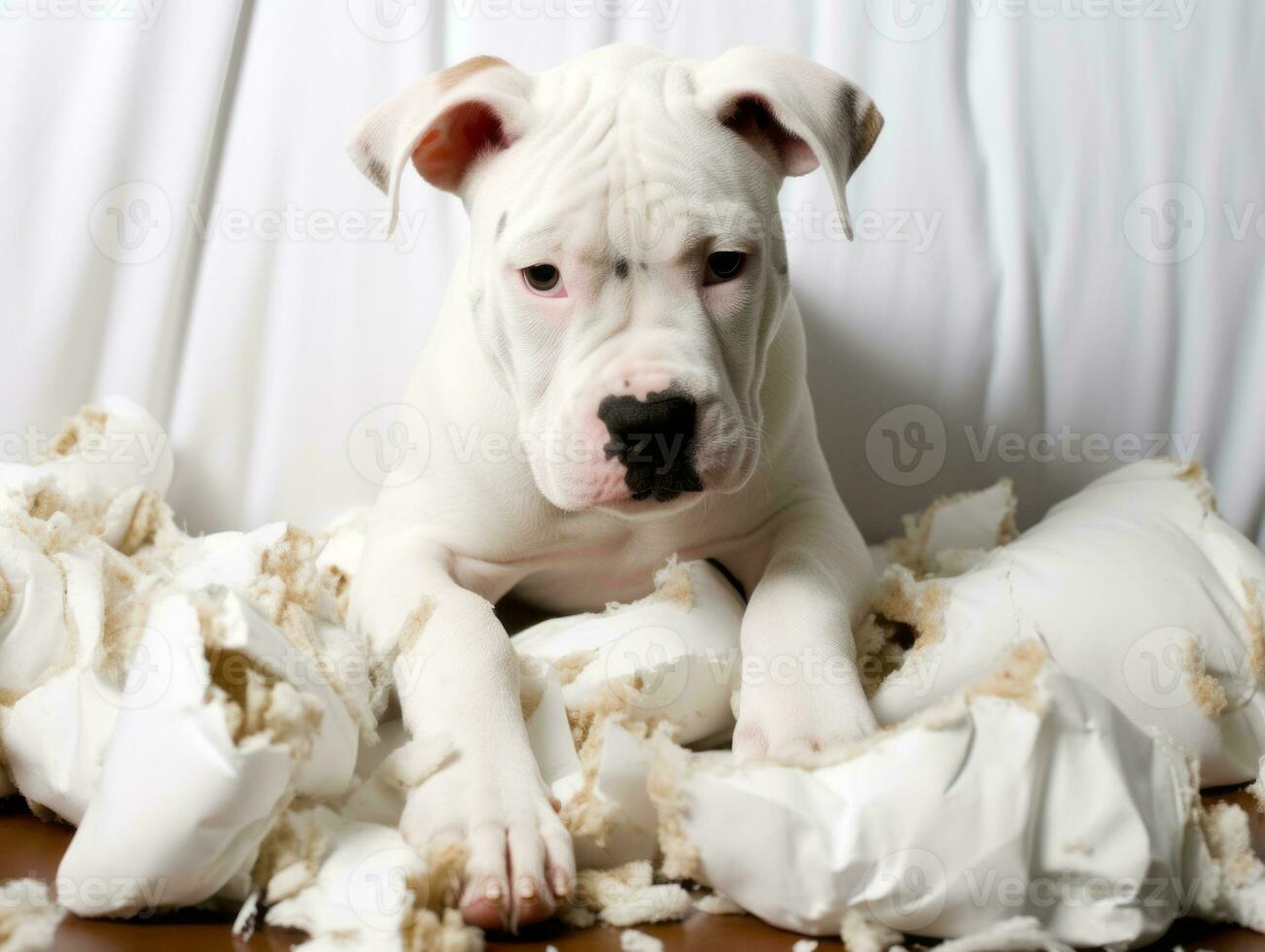 Dog with a mischievous expression surrounded by torn-up pillows AI Generative photo