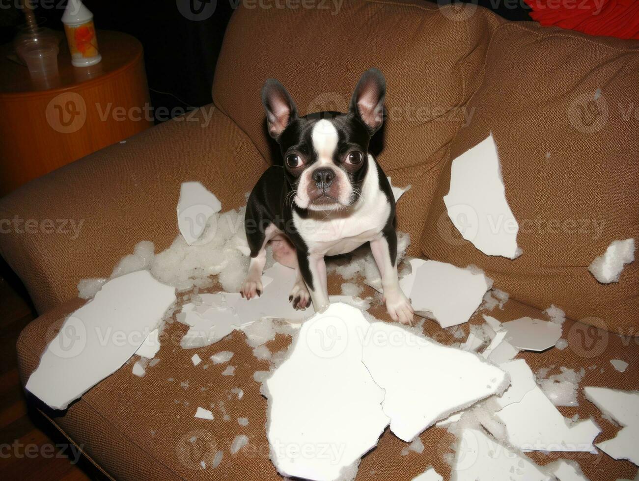 Dog with a mischievous expression surrounded by torn-up pillows AI Generative photo